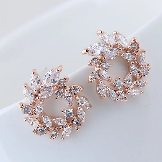 Korean Popular Trendy Leaves Garland Zircon Stud Earrings Simple Artistic