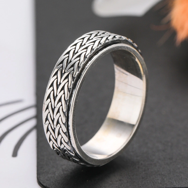 S925 Sterling Silver Vintage Rotatable Hemp Rope Ring Girl