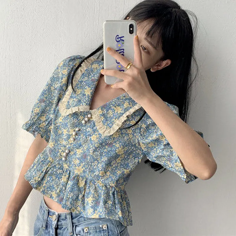 Collar Lace Panel Floral Button Down Shirt