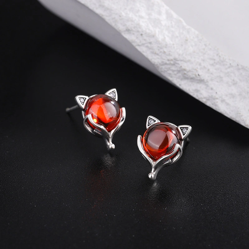 S925 Sterling Silver Little Red Fox Garnet Creative Earrings