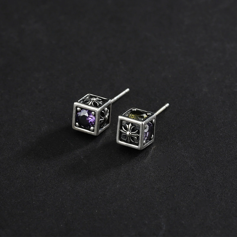 925 Sterling Silver Color Diamond Rainbow Zircon Cross Square Earrings