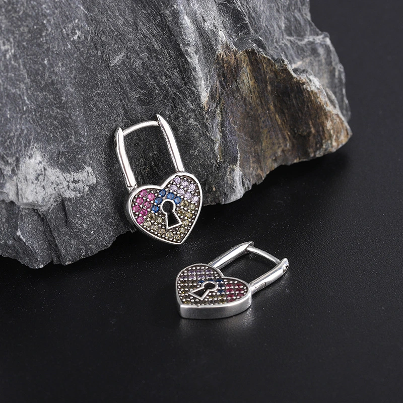 Thai Silver Personalized Design Love Lock Type Single Sided Color Zirconium Earrings