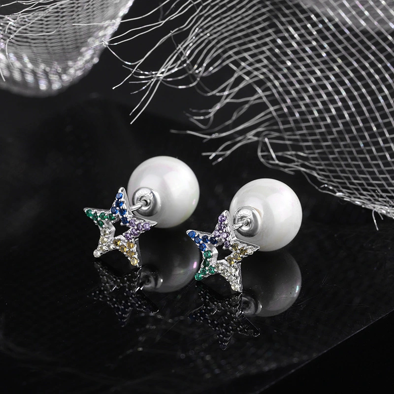 S925 Sterling Silver Pearl Zircon Five Pointed Star Color Diamond Front And Rear Multiple Wearing Earrings