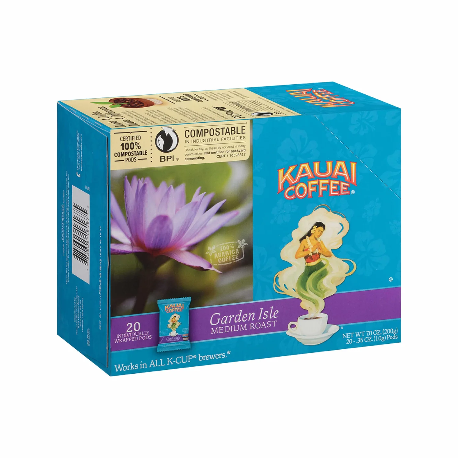 Kauai Coffee Garden Isle Medium Roast – Individually Wrapped Compostable Pods Compatible with Keurig Pods K-Cup Brewers (1 Pack of 20 Single-Serve Cups)