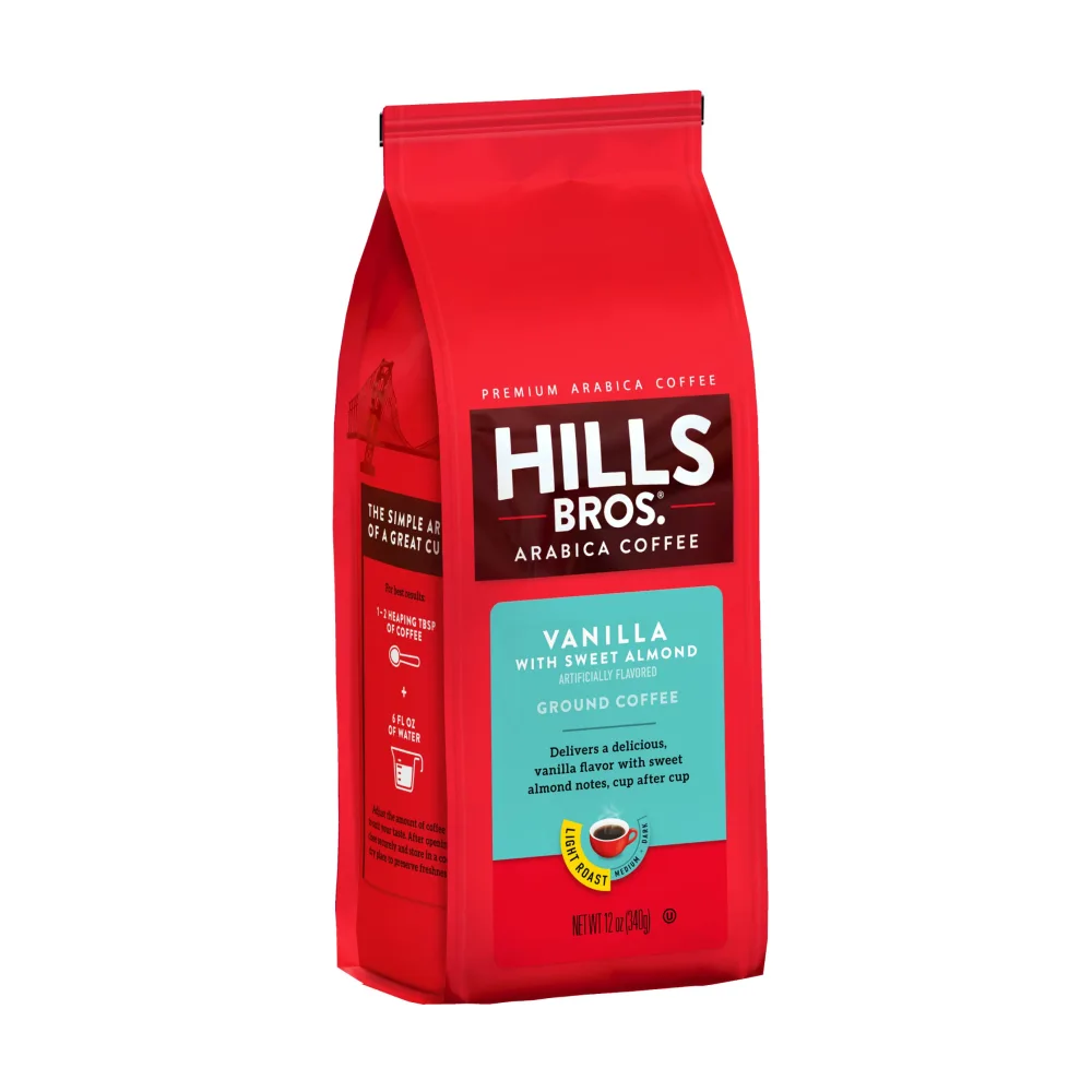 Hills Bros Vanilla With Sweet Almond Flavored Ground Coffee, Light Roast, 12 Oz Bag - Arabica Coffee Beans, Light, Full-Bodied, Smooth Coffee