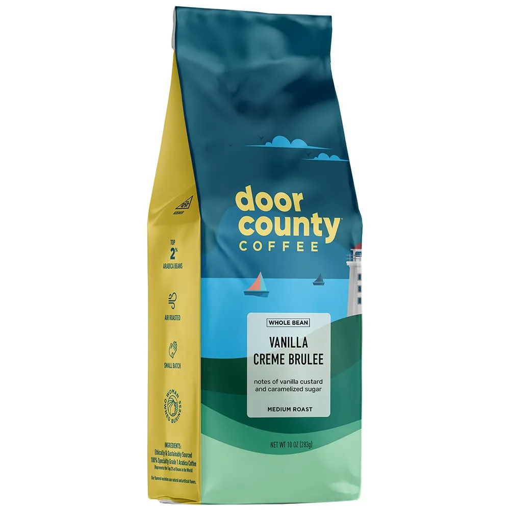 Door County Coffee Vanilla Creme Brulee Flavored Coffee Whole Bean | 10 oz Bag | Medium Roast | 100% Specialty Arabica Coffee | Flavored Gourmet Coffee | Vanilla Creme Brulee