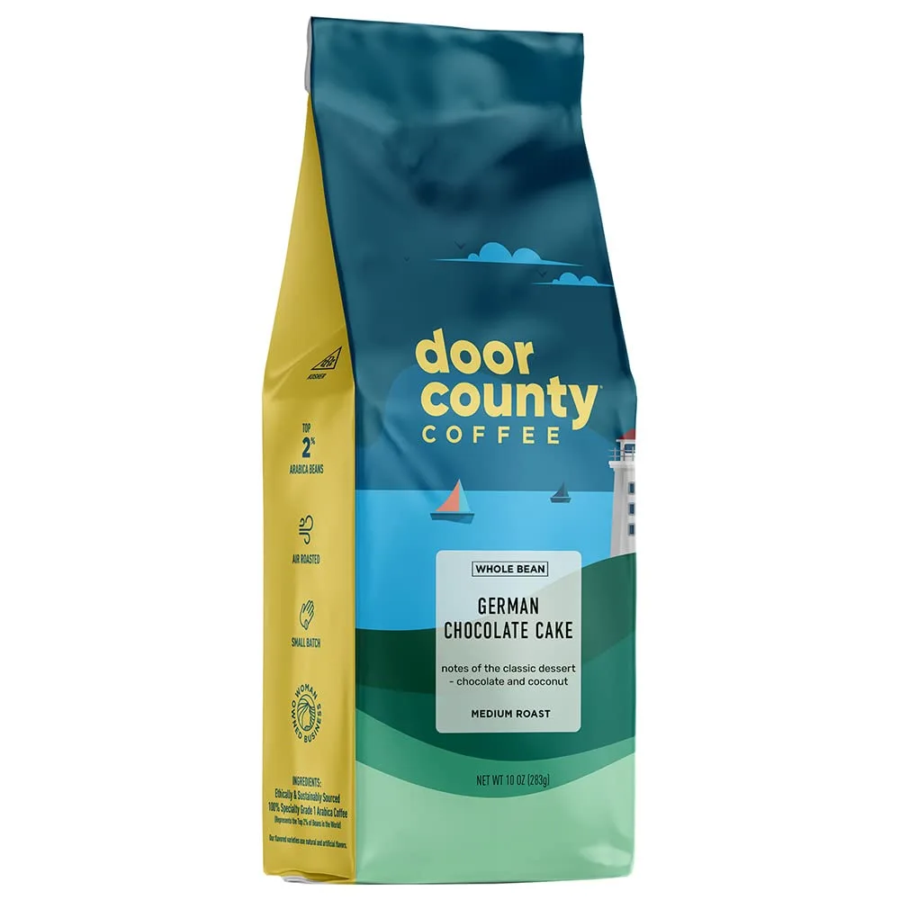 Door County Coffee German Chocolate Cake Flavored Coffee Whole Bean | 10 oz Bag | Flavored Whole Bean Coffee Medium Roast | 100% Specialty Arabica Coffee | Flavored Gourmet Coffee | German Chocolate Cake