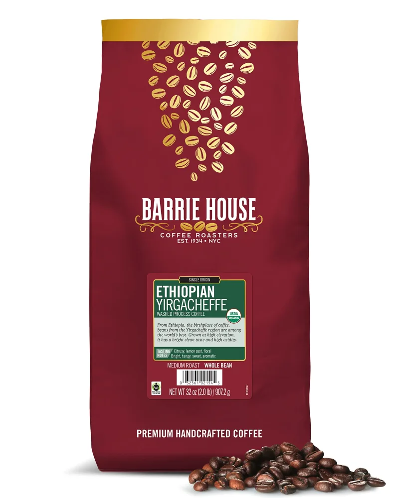 Barrie House Ethiopian Yirgacheffe Single Origin Whole Bean Coffee, 2 lb Bag | Fair Trade Organic Certified |Medium Roast | High Acidity and Clean Finish | 100% Arabica Coffee Beans