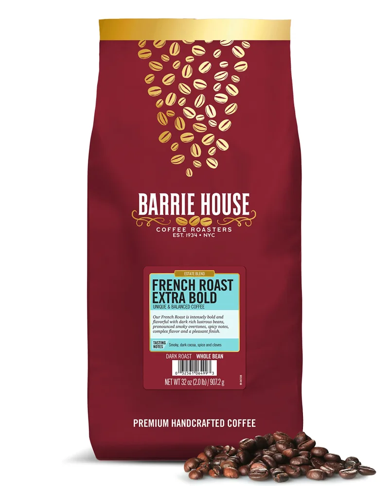 Barrie House French Roast Extra Bold Whole Bean Coffee | Premium Coffee | Dark Roast | Intensely Bold and Flavorful | 2.0 lb Bag | 100% Arabica Coffee Beans