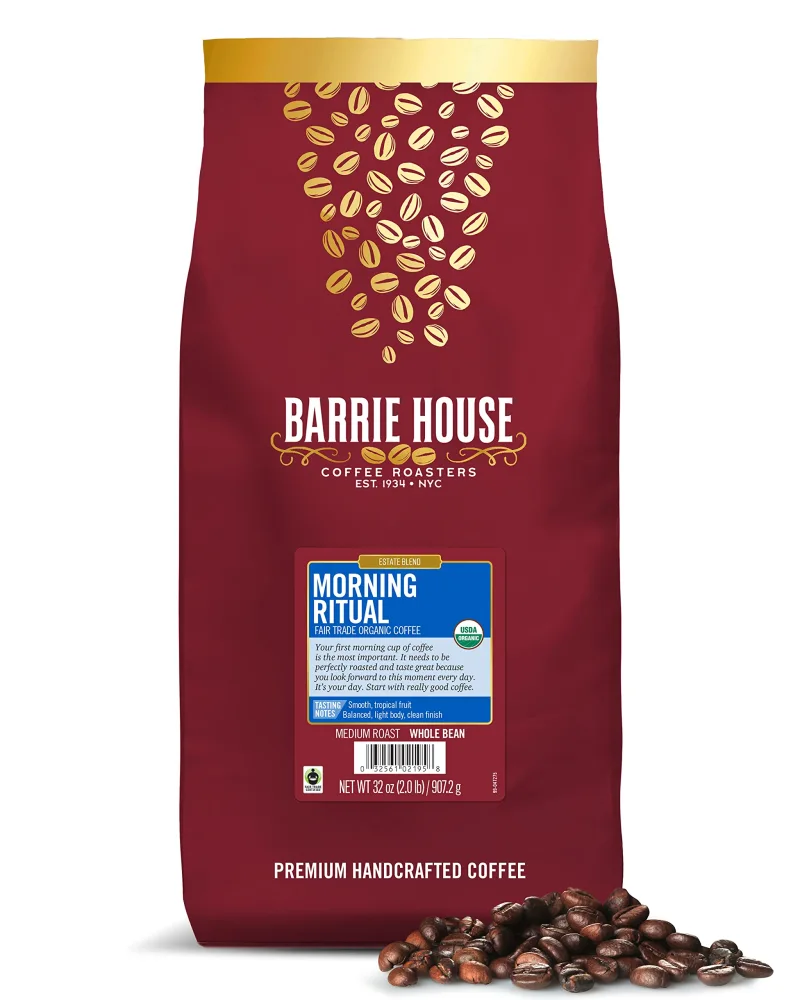 Barrie House Morning Ritual Breakfast Blend Whole Bean Coffee, 2 lb Bag | Fair Trade Organic Certified | Medium Roast | Light Body and Clean Finish | 100% Arabica Coffee Beans