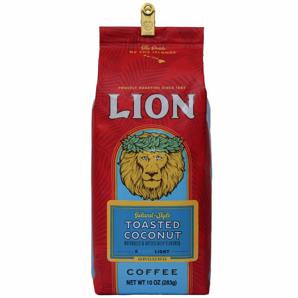 Lion Coffee, Arabica Coffee Beans, Light Roast, Premium Ground Coffee, Toasted Coconut Flavor, A Taste of Aloha, 10 Ounce Bag