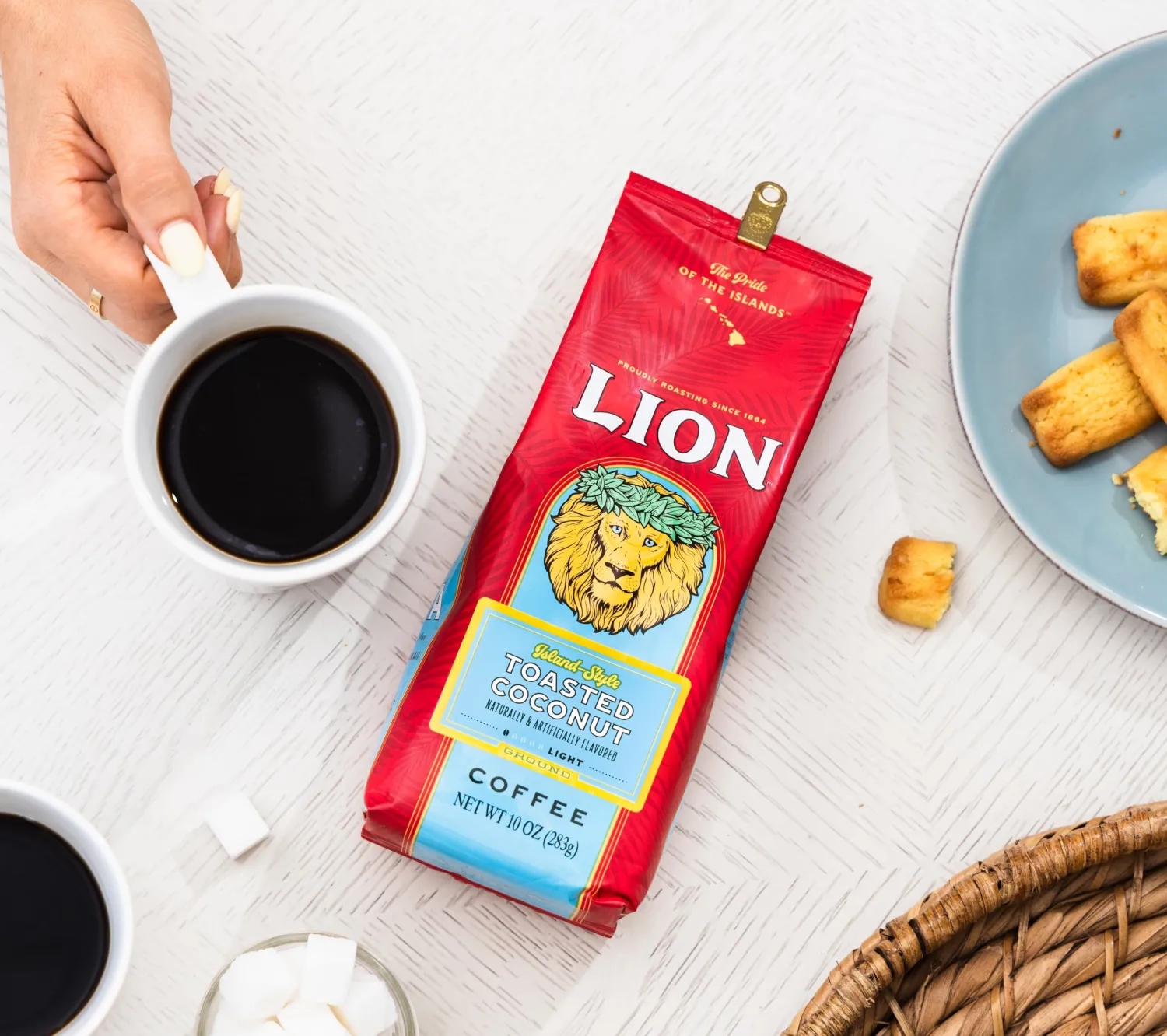 Lion Coffee, Arabica Coffee Beans, Light Roast, Premium Ground Coffee, Toasted Coconut Flavor, A Taste of Aloha, 10 Ounce Bag