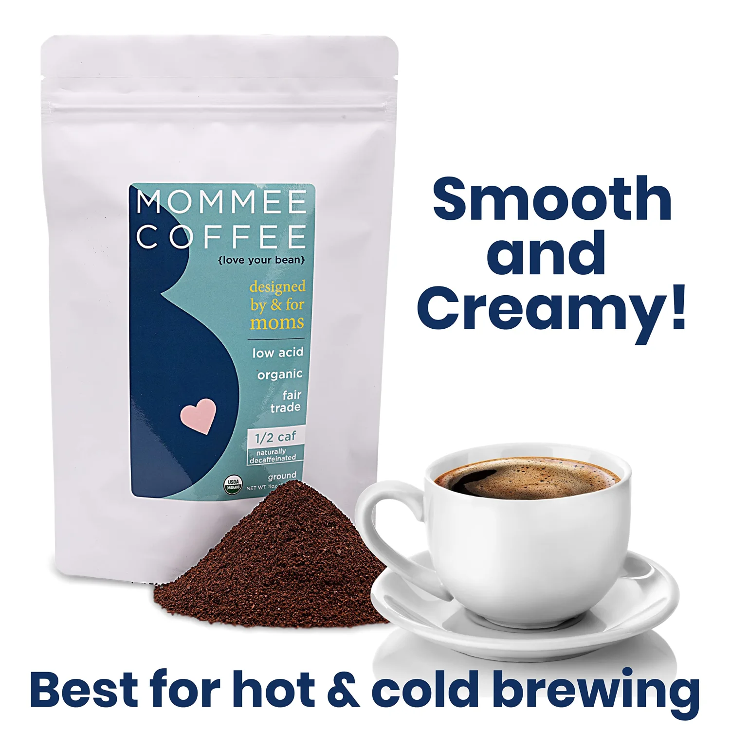 Mommee Coffee Half Caf Ground Low Acid Coffee - 100% Arabica Organic Coffee Beans with Smooth Caramel Flavor - Medium Grind for Drip, Reusable One Cup Filters - 11 oz