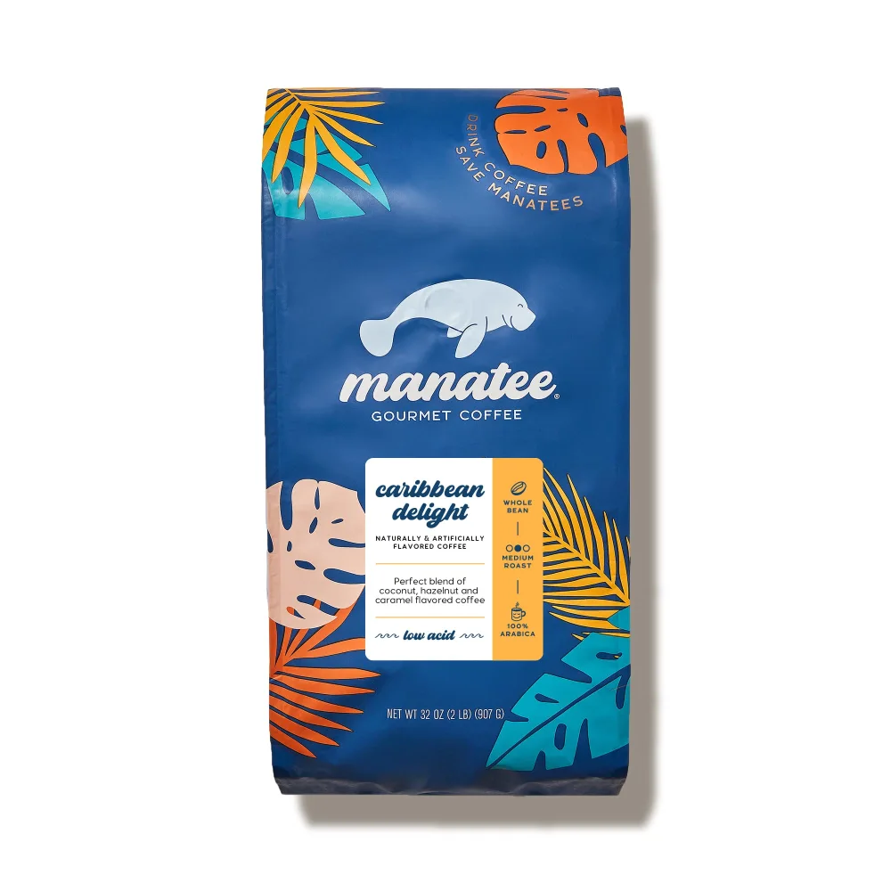 Manatee Gourmet Coffee, Whole Bean, Medium Roast, Caribbean Delight, 2 lb bag, 32 oz