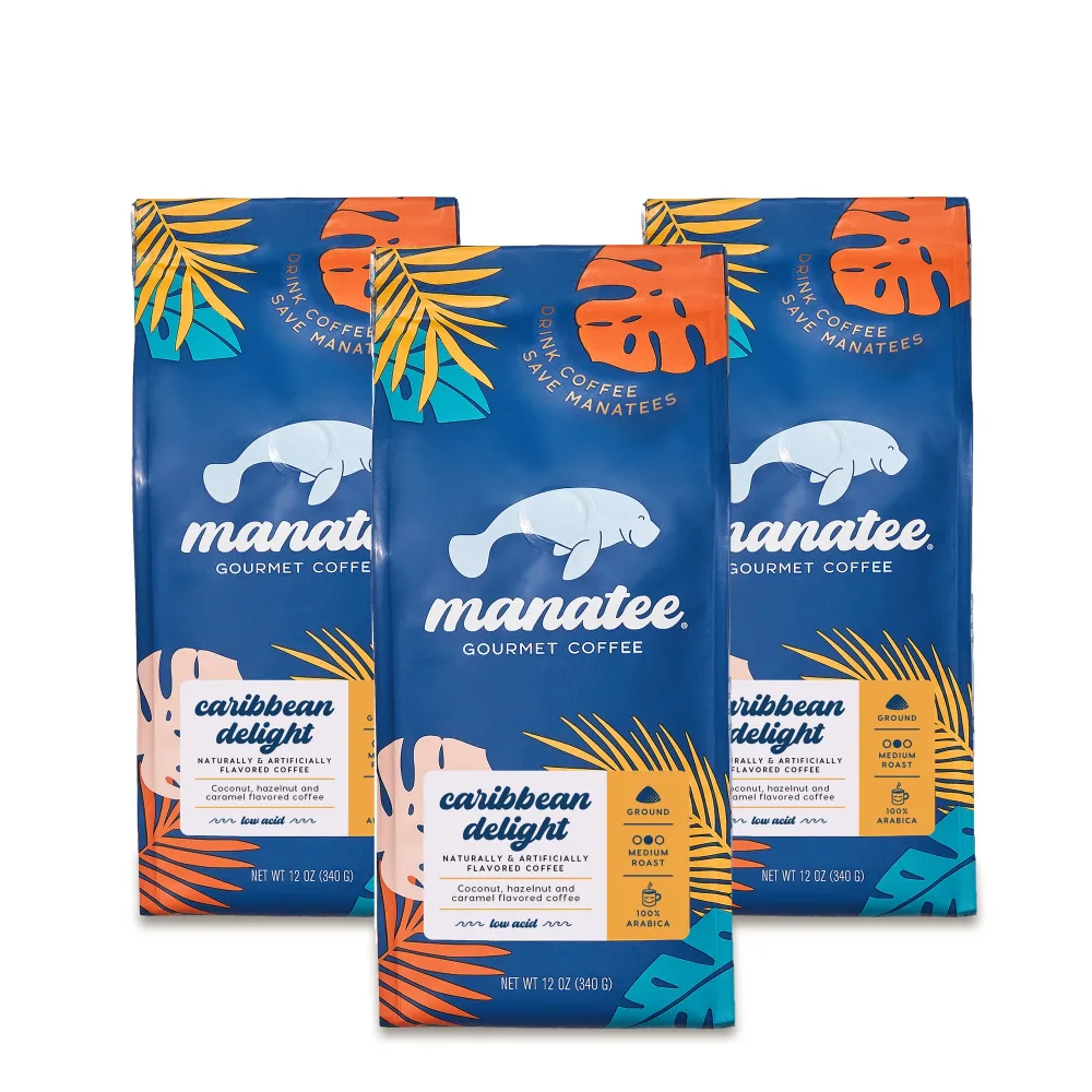 Manatee Gourmet Coffee, Ground, Medium Roast, Caribbean Delight, 12 oz bags (Pack of 3) 36 oz