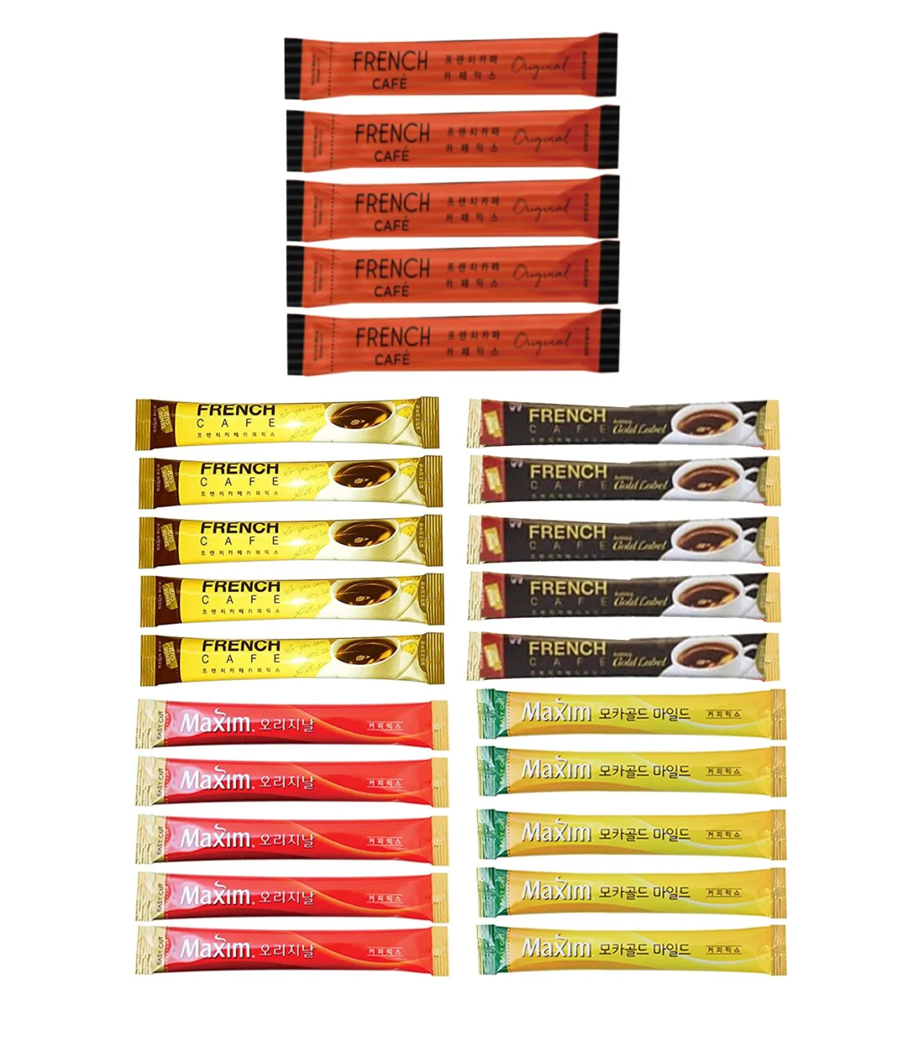 25 Instant Coffee Sampler, Korean Instant Coffee Mix Assortment Package, 25 Sticks, Maxim, French Café,