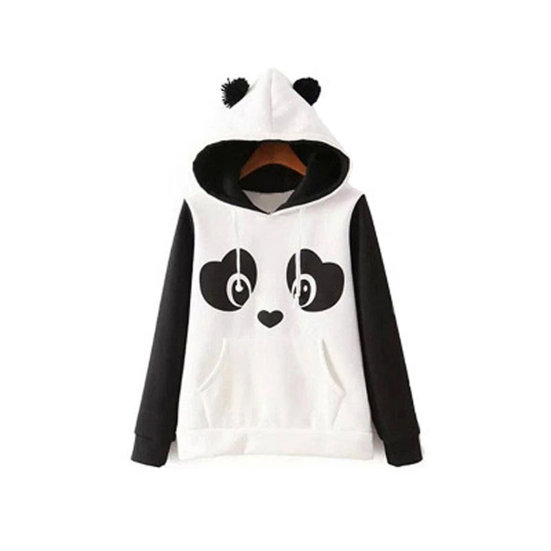 Hippie Cute Playful Panda Printing Fleece Black And White Contrast Color Women's Sweater