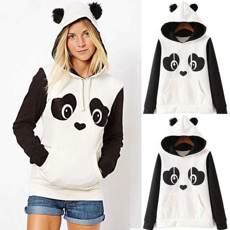 Hippie Cute Playful Panda Printing Fleece Black And White Contrast Color Women's Sweater