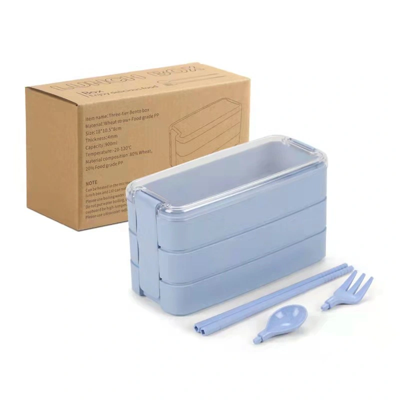 Wheat Straw Japanese Style Creative Three-layer Lunch Box With Spoon, Fork And Chopsticks