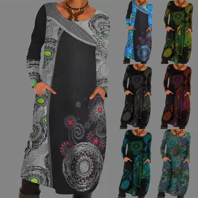 Autumn And Winter Hedging Print Folk Style Dress Long Skirt