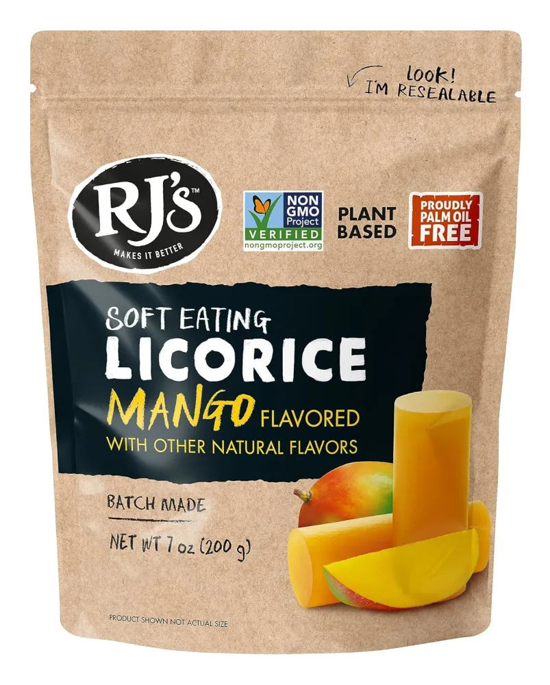 RJ's Soft Australian Licorice, Natural Mango Flavor, Resealable Bag, 7.05 Ounce (1-Pack) | Non-GMO, No Palm Oil, Plant Based | Soft & Chewy Licorice Candy, Made in Australia