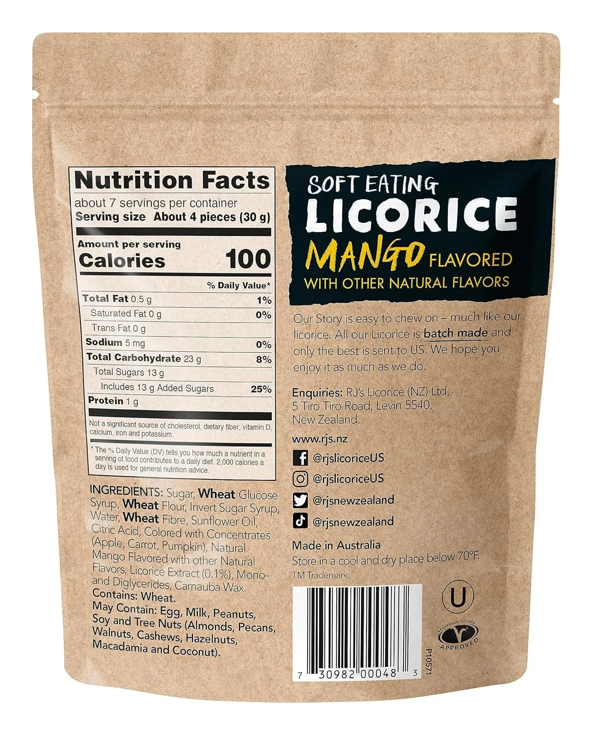 RJ's Soft Australian Licorice, Natural Mango Flavor, Resealable Bag, 7.05 Ounce (1-Pack) | Non-GMO, No Palm Oil, Plant Based | Soft & Chewy Licorice Candy, Made in Australia