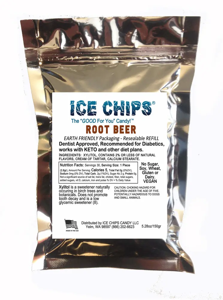 ICE CHIPS Xylitol Candy in Large 5.28 oz Resealable Pouch; Low Carb & Gluten Free (Root Beer)