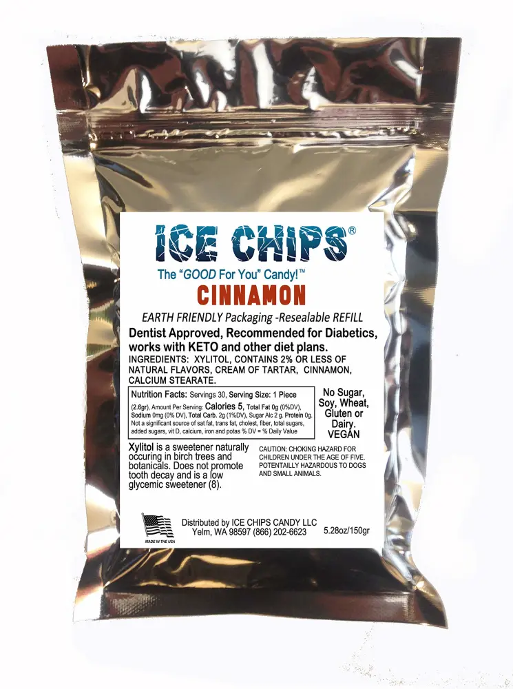 ICE CHIPS Xylitol Candy in Large 5.28 oz Resealable Pouch; Low Carb & Gluten Free (Cinnamon)