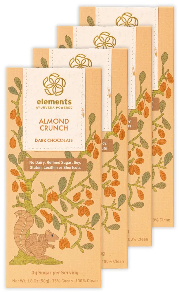 Elements Truffles Almond Crunch Chocolate Bar w/Saffron - Heavy Metal Tested - Dairy Free - Paleo, Gluten Free, Non-GMO, Raw & Organic - Ayurveda Inspired Healthy Chocolate Bar - 4 Pack