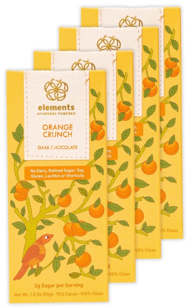 Elements Truffles Orange Crunch w/Quinoa & Turmeric - Heavy Metal Tested - Dairy Free Chocolate Bar - Paleo, Gluten Free, Non-GMO, Raw & Organic Chocolate- Ayurveda Healthy Chocolate Bar - 4 Pack