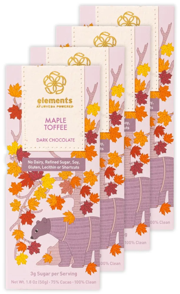 Elements Truffles Maple Toffee w/Moringa - Heavy Metal Tested- Dairy Free Chocolate Bars - Paleo, Gluten Free, Non-GMO, Raw, Organic Chocolate - Ayurveda Inspired Healthy Chocolate Bar - 4 Pack