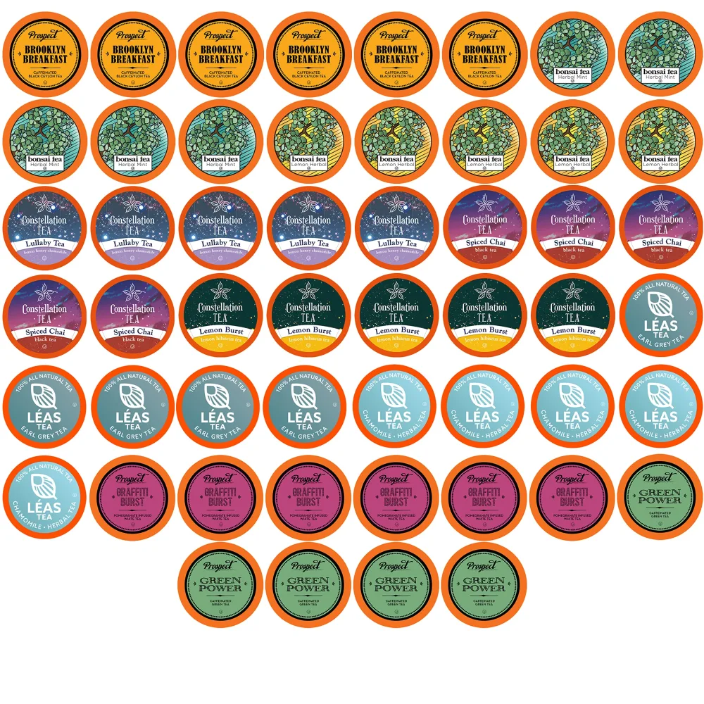 Two Rivers Coffee Assorted Tea Sampler Pods Variety Pack Compatible with K Cup Brewers Including 2.0, 52 Count