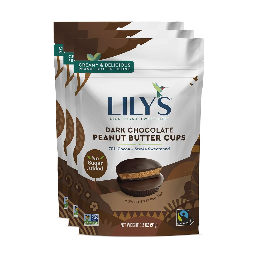 Dark Chocolate Peanut Butter Cups by Lily's Sweets | Made with Stevia, No Added Sugar, Low-Carb, Keto-Friendly Christmas Candy | Fair Trade, Gluten-Free & Non-GMO | 3 Pack, 3.2 Oz