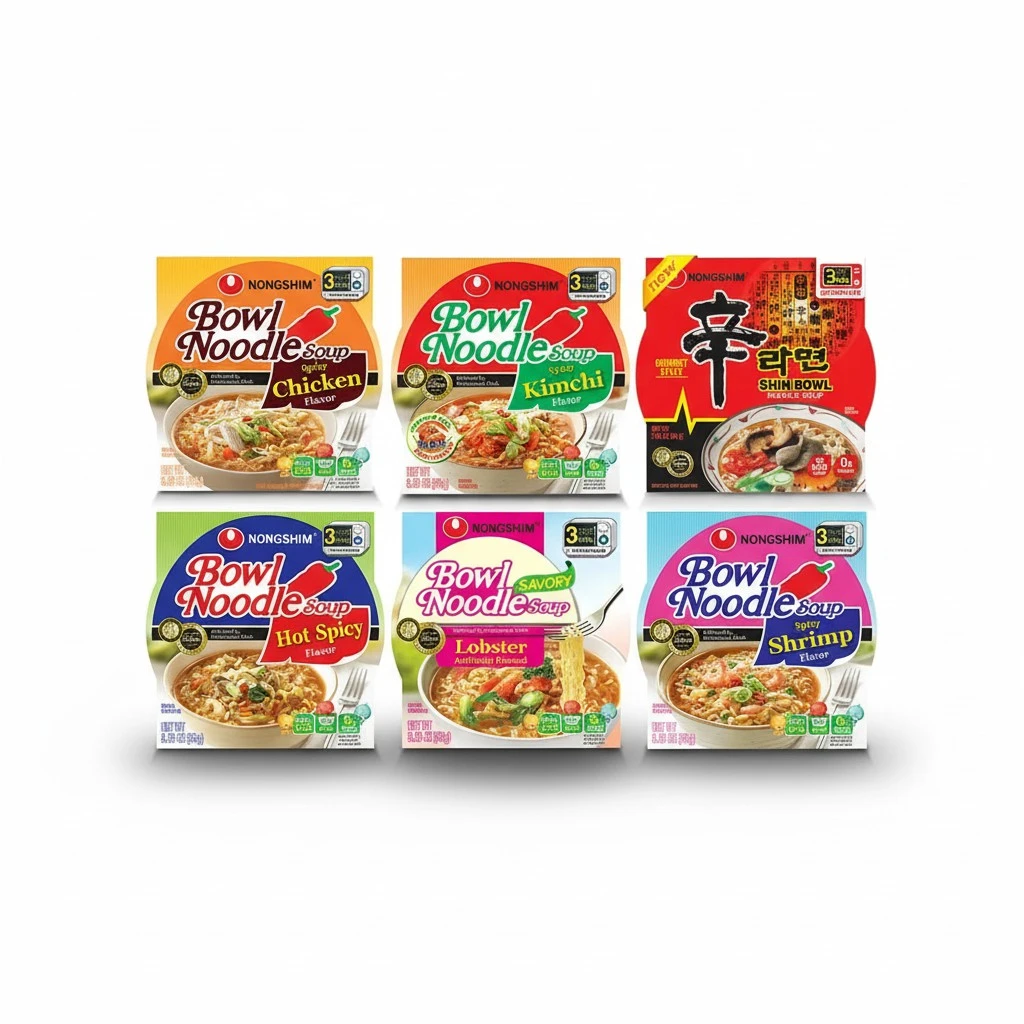 Nongshim Bowl Instant Noodle Soup Assorted Bundle Sampler | 6 Flavors: Shin Bowl, Lobster, Spicy Shrimp, Spicy Kimchi, Spicy Chicken, Hot & Spicy (6 - Pack)