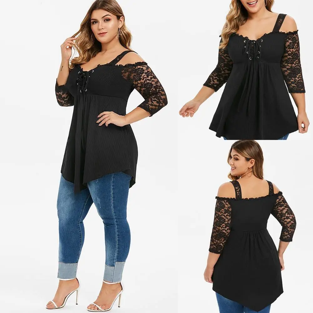 Off Shoulder Lace Sling Three Quarter Sleeves Bandage Top Women