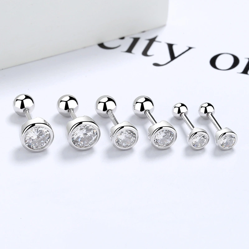 Sterling Silver Zircon Round Bead Threaded Stud