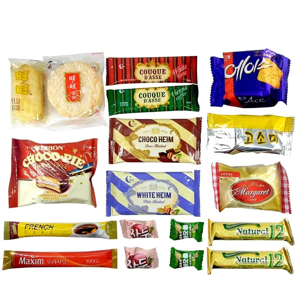 OHMARKET Korean Asian Snack Box 18 Count, Small Gift Snack Box Assortment, Individual Wrapped Top Brand Named Snacks Essentials Sample Packs of Chips Pie Cracker Candy