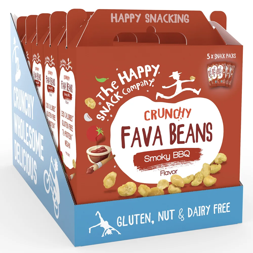 The Happy Snack Company Crunchy Fava Beans 25 x 1 oz packs. Smoky BBQ Flavor. 7g Protein & 130 Cals per pack. Gluten, Nut and Dairy Free, Non-GMO, Vegan, Plant Based Protein, Natural Prebiotic.