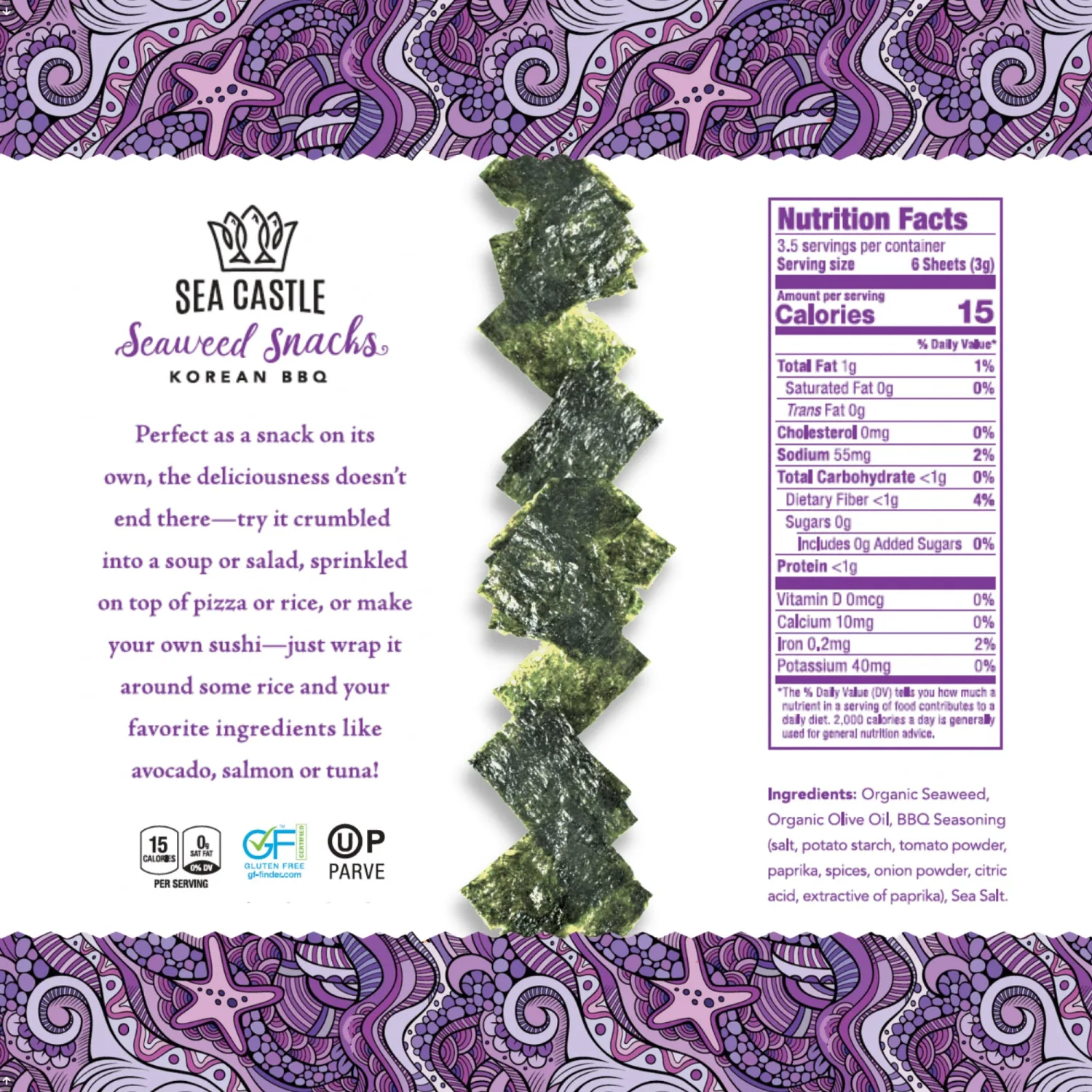 Sea Castle Korean BBQ Seaweed Snacks, 10gr (6 Pack) | Awesome Flavor, Certified Gluten Free, Kosher