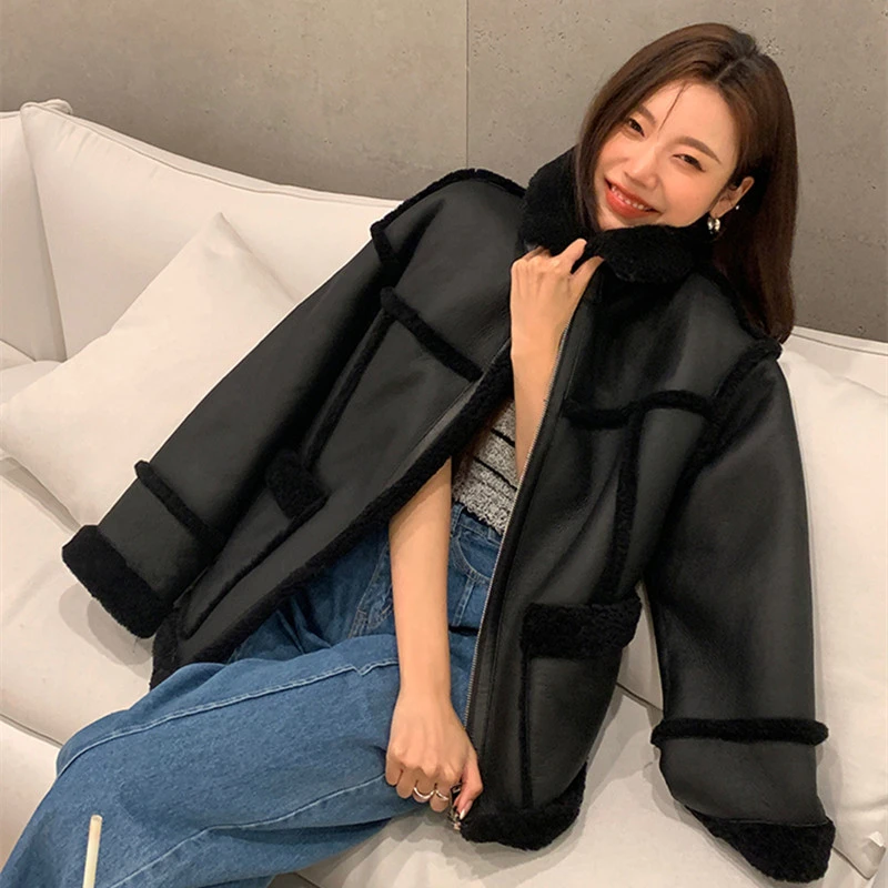 Lambswool Fashion Leather Coat Patchwork Short Section Women