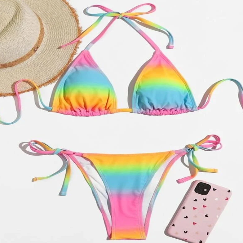 Women's Lace-up Neck Tie-dye Swimsuit Split Bikini