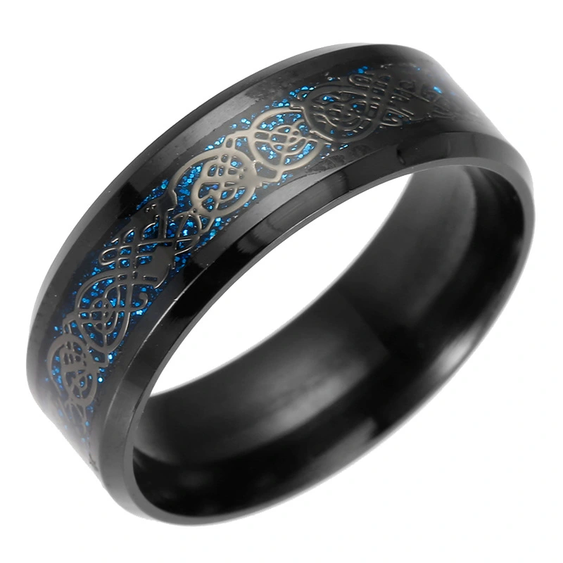 Popular Titanium Steel Plated Black Dragon Pattern Ring Stainless Steel Blue Men's Ring
