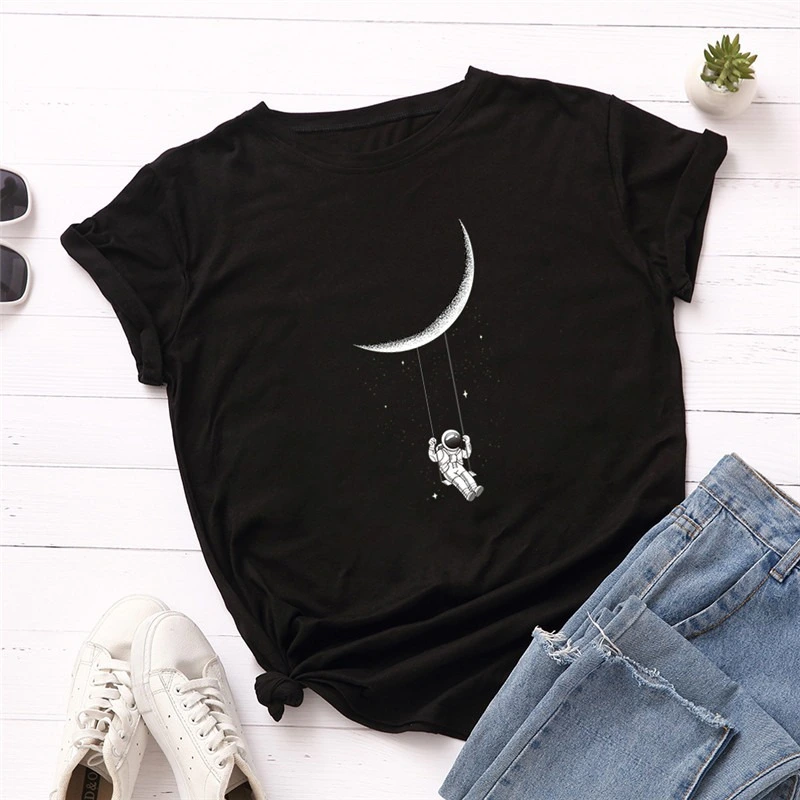 Women's Moon Astronaut Printed T-shirt Short Sleeve Bottoming Top