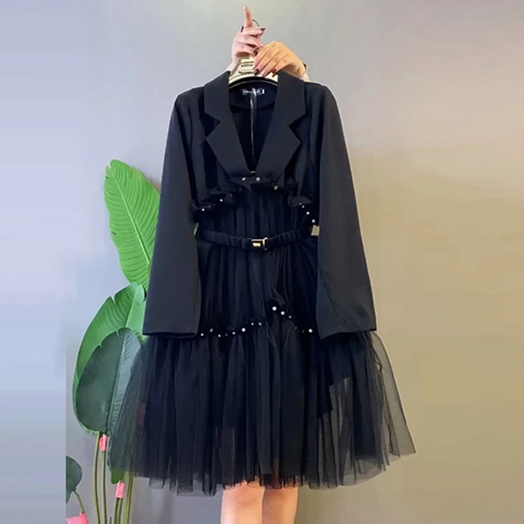 Splice Nail Bead Mesh Long Sleeve Suit Skirt