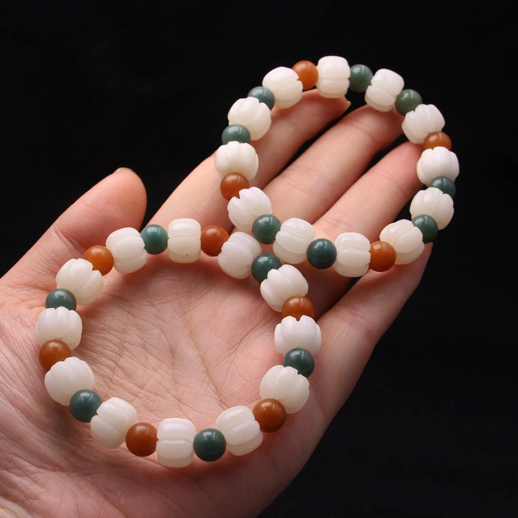 White Jade Bodhi Root Carved Pumpkin Bracelet