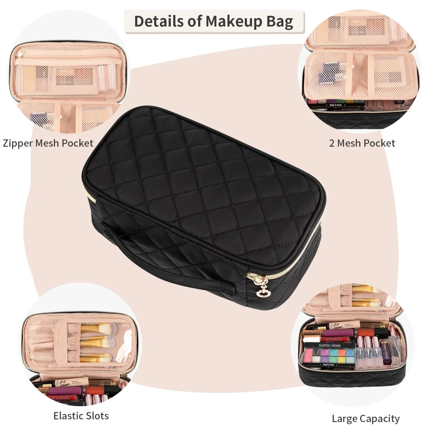 OCHEAL Small Makeup Bag,Portable Cute Travel Makeup Bag Pouch for Women Girls Makeup Brush Organizer Cosmetics Bags with Compartment-Black