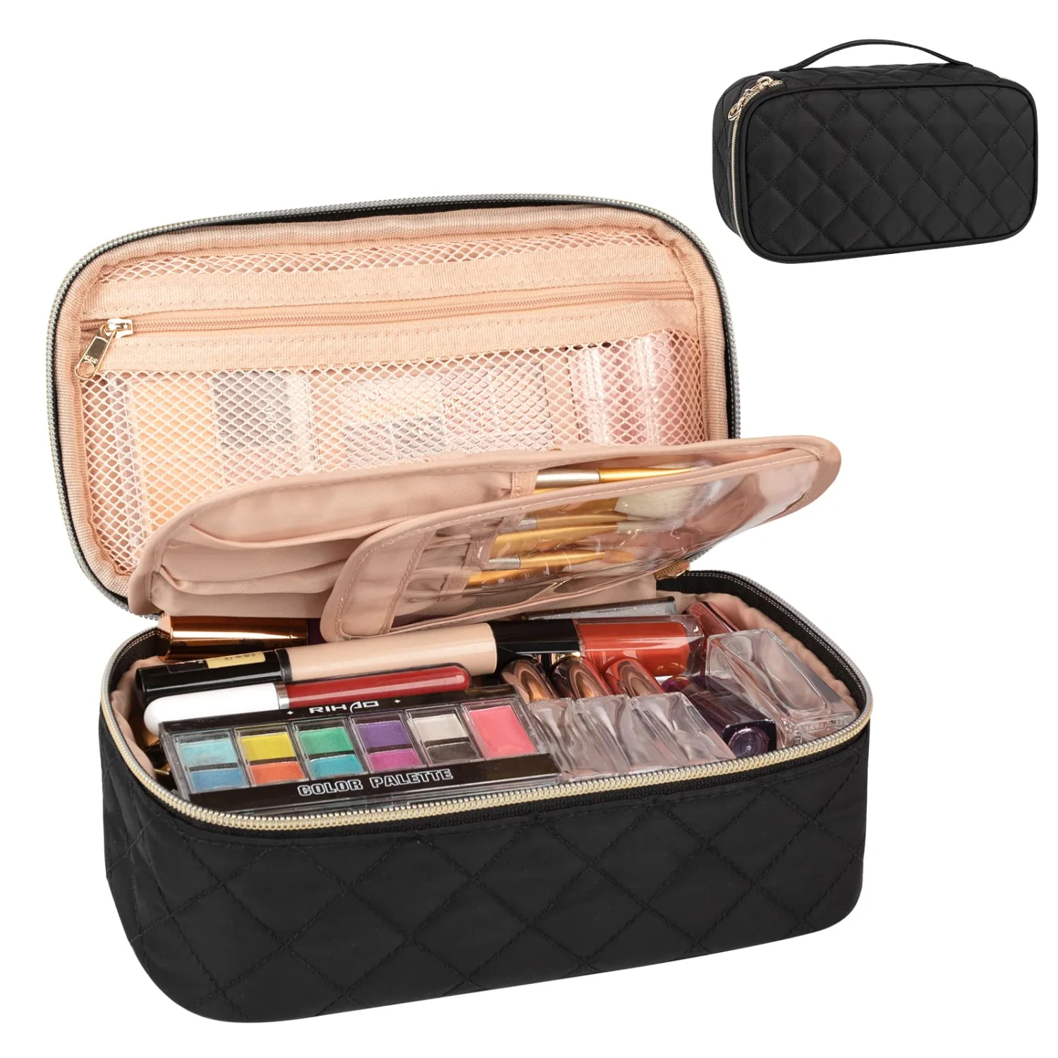 OCHEAL Small Makeup Bag,Portable Cute Travel Makeup Bag Pouch for Women Girls Makeup Brush Organizer Cosmetics Bags with Compartment-Black