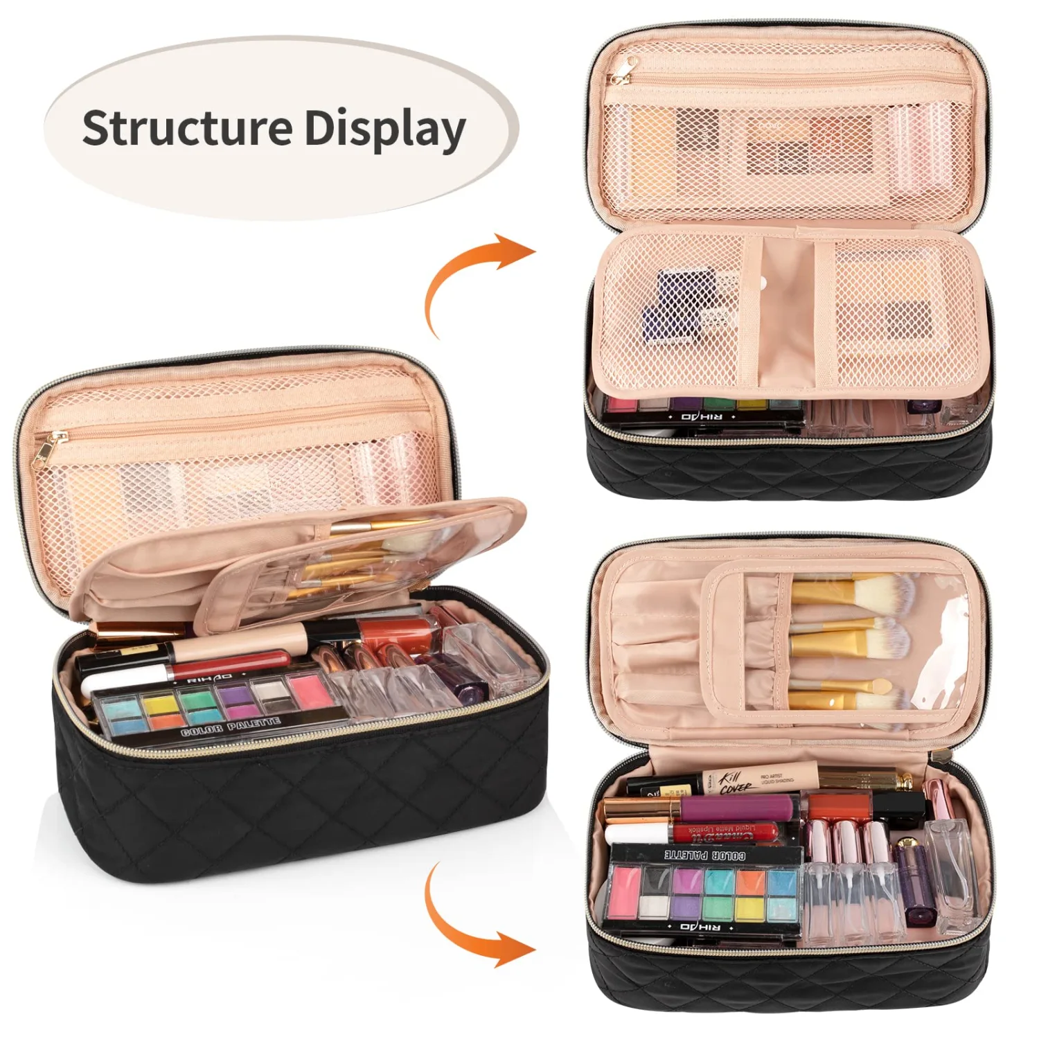 OCHEAL Small Makeup Bag,Portable Cute Travel Makeup Bag Pouch for Women Girls Makeup Brush Organizer Cosmetics Bags with Compartment-Black