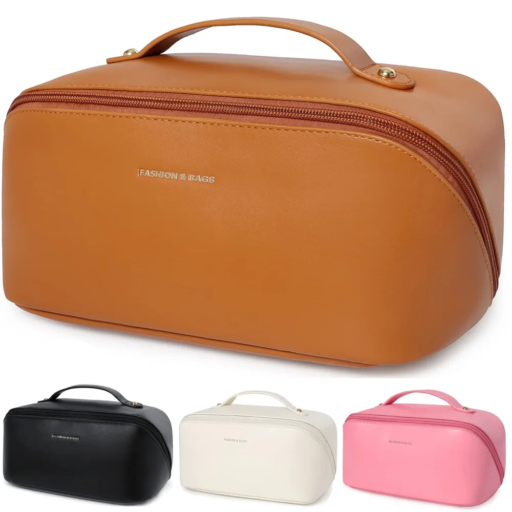 Katadem Travel Makeup Bag,Large Opening Makeup Bag,Portable Makeup Bag Opens Flat for Easy Access, Toiletry Bag,PU Leather Makeup Bag,Large Cosmetic Organizer for Women (Z-Golden Brown)