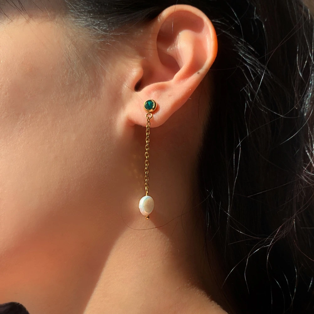 Zircon Pearl Pendant Earrings With Long Chain